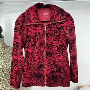 NWOT RED Floral leopard Velour Zip front Jacket S